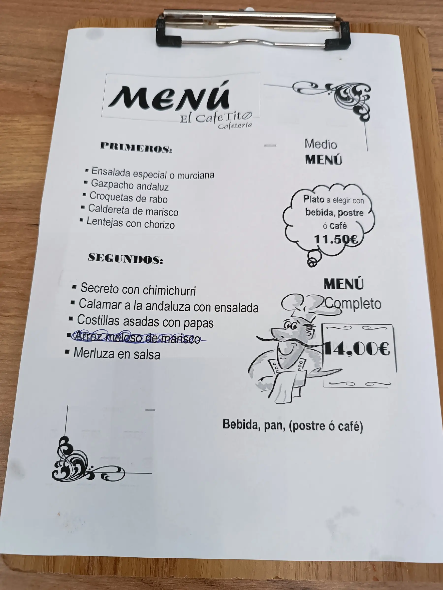 La hoja del menú del día en su tablilla: «Menú», primeros y segundos